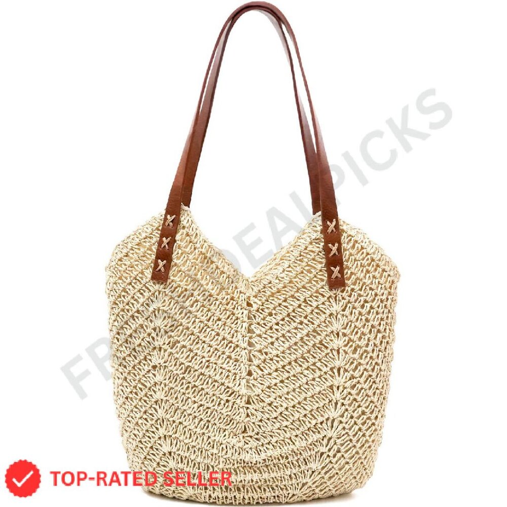 Woven Straw Tote Bag with Brown Leather Handles